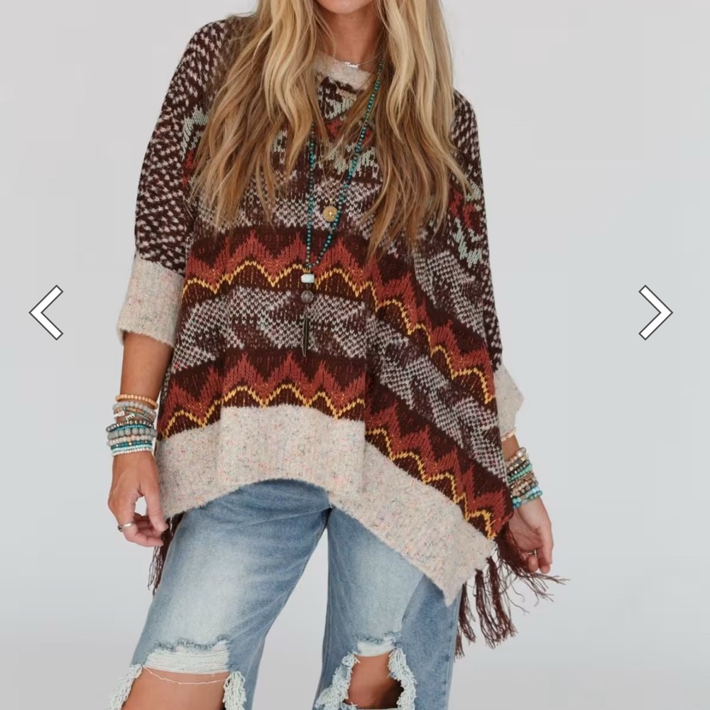 GiGio Boho Aztec Fringe Poncho Medium